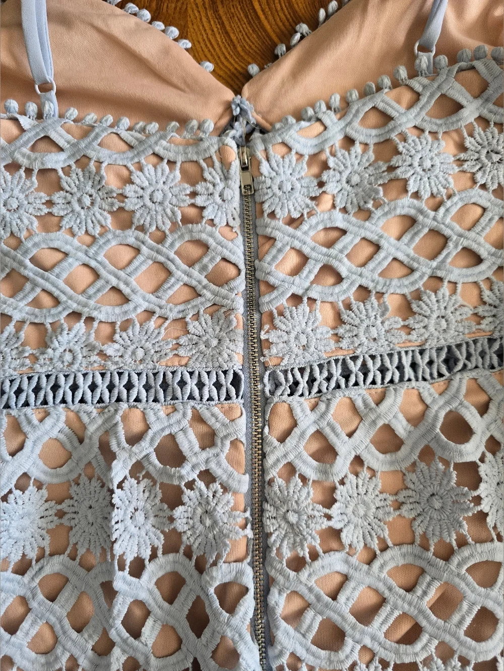 Just Me Light Blue Floral Crochet Lace Mini Dress Womens size Large - Picture 4 of 9